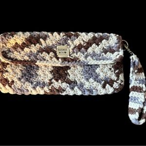 Cream, Maroon, and Gray Crochet Wristlet Clutch with Flap Closure